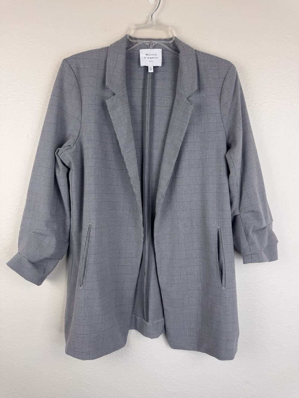 Maison d'Amélie Paris Plaid Open Front Long Blazer 3/4 Slouch Sleeve Gray Large